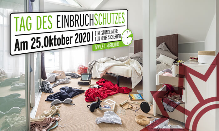 Verwüstetes Zimmer und Hinweis auf Tag des Einbruchschutzes am 25. Oktober 2020